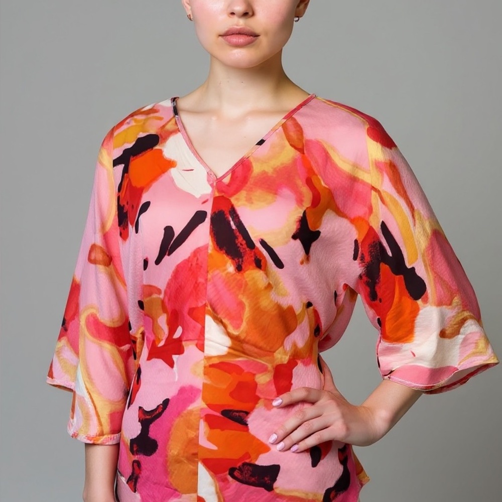 Notorious Silk Pink, Black, White and Orange Abstract Blouse